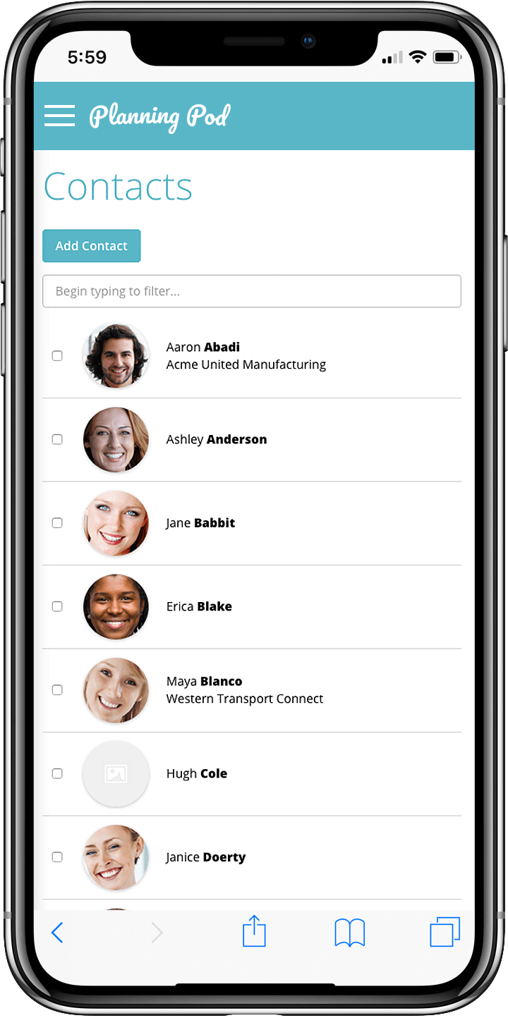 Mobile phone displaying Planning Pod contacts list